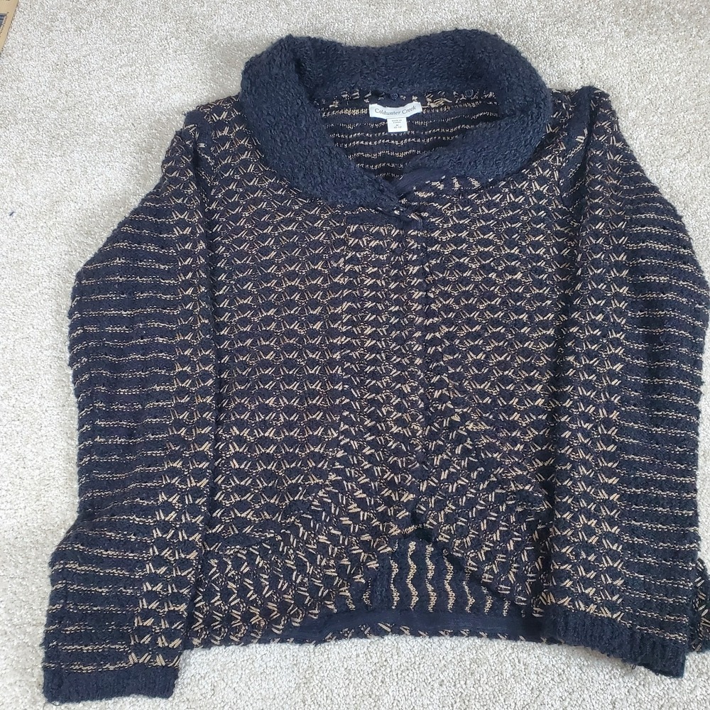 Coldwater Creek Women's Cardigan Sweater Med 10-12 Black/Gold Detachable Collar